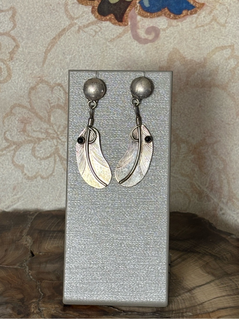 Sterling Silver Feather Drop Earrings with Onyx Accent